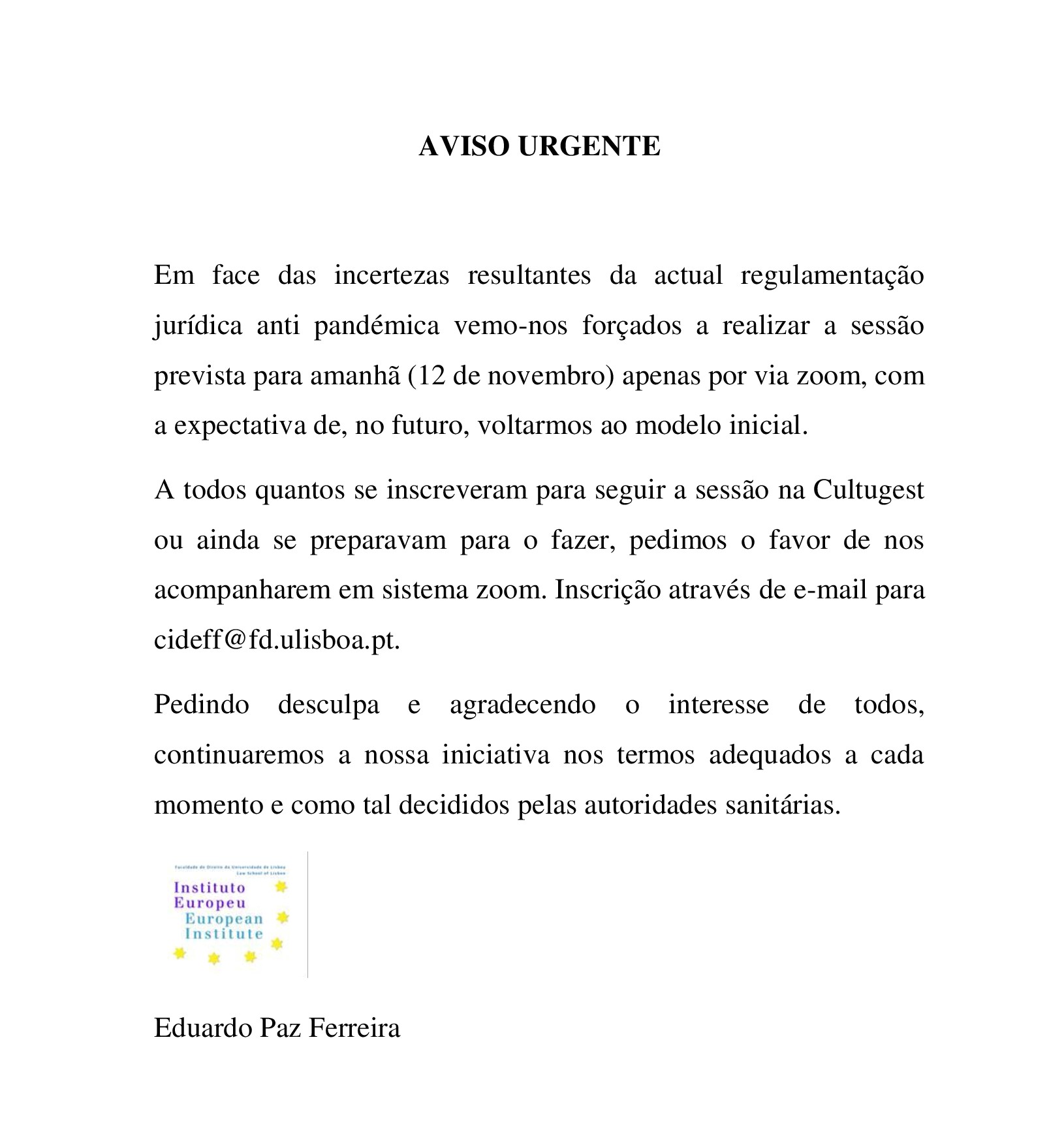 AVISO URGENTE